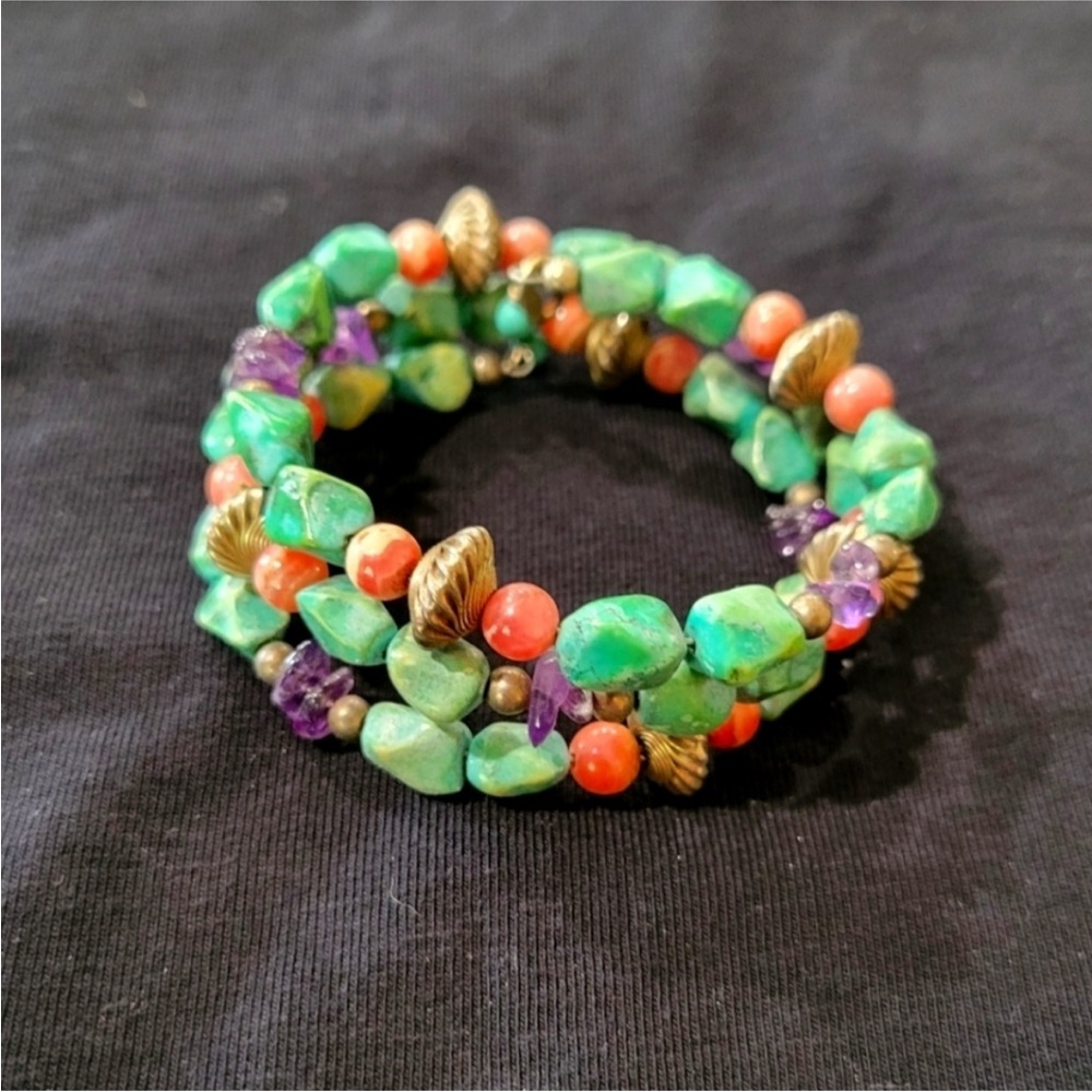 CAROLYN POLLACK 925 Turquoise,Rhodonite, Amethyst Memory Wire Cuff Bracelet